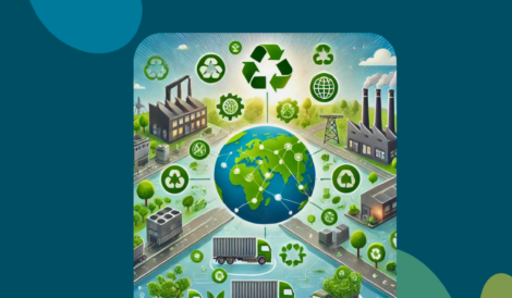 Illustration der globalen Lieferkette mit Symbolen für Nachhaltigkeit, die verschiedene Stufen von Rohstoffgewinnung über Produktion bis hin zur Auslieferung des Endprodukts zeigt.
