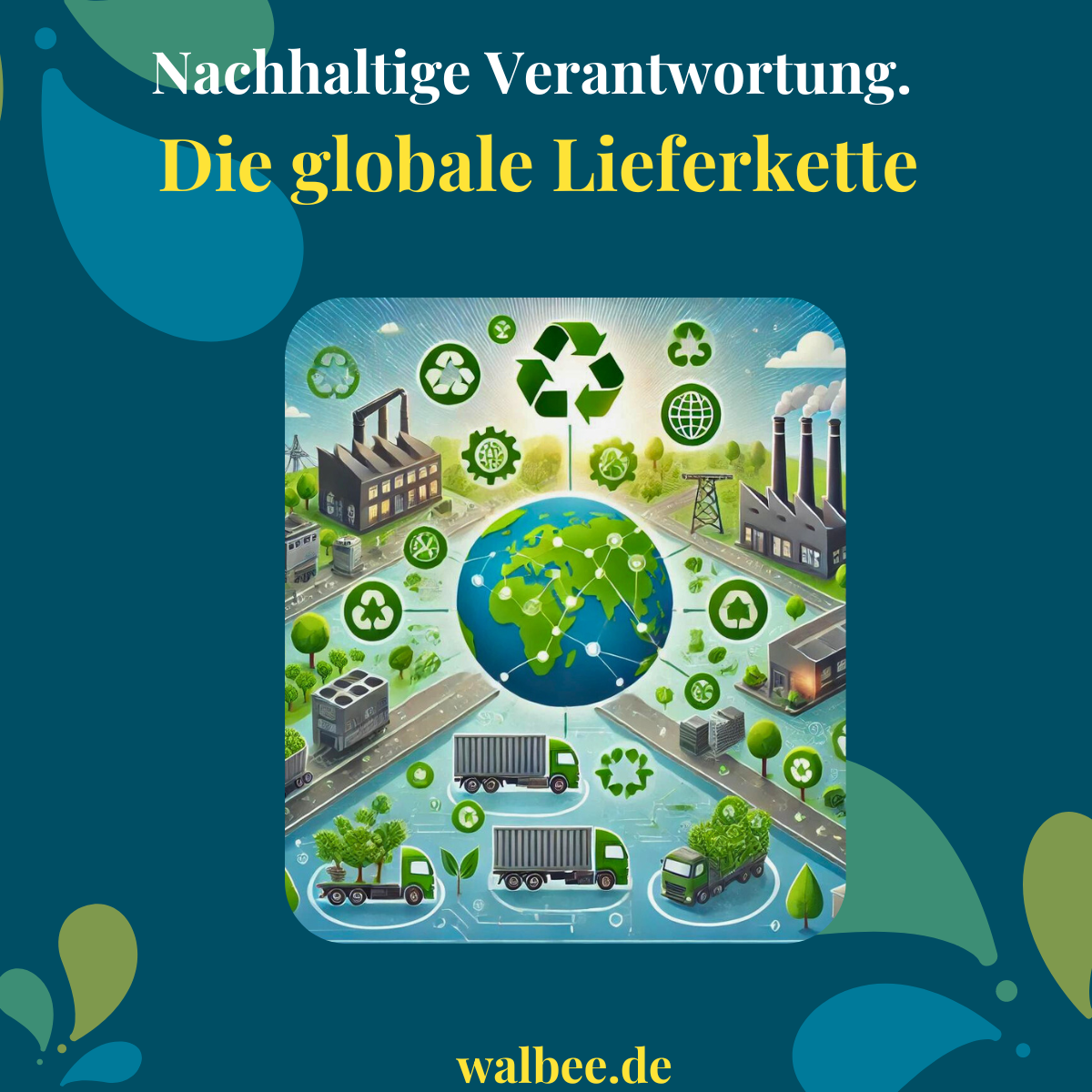 Illustration der globalen Lieferkette mit Symbolen für Nachhaltigkeit, die verschiedene Stufen von Rohstoffgewinnung über Produktion bis hin zur Auslieferung des Endprodukts zeigt.